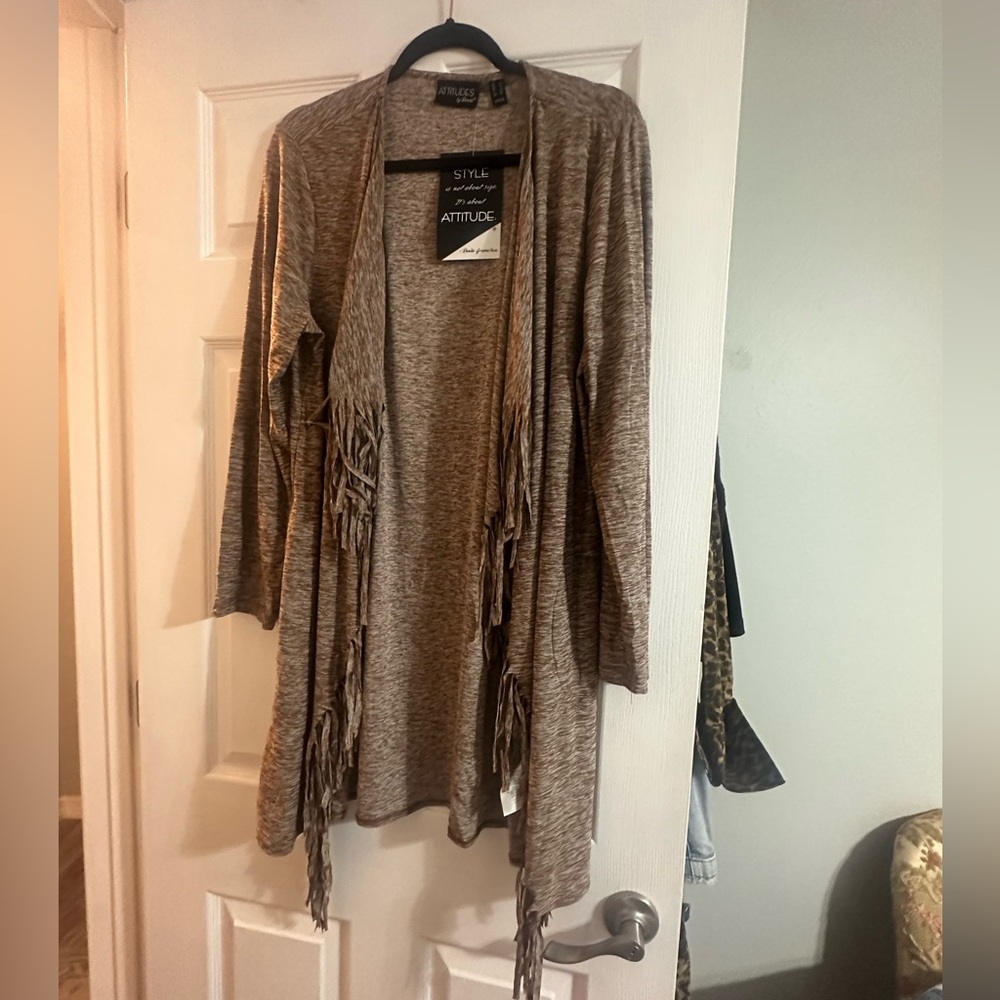 Attitudes by Renee Taupe Fringe Open-Front Cardigan
